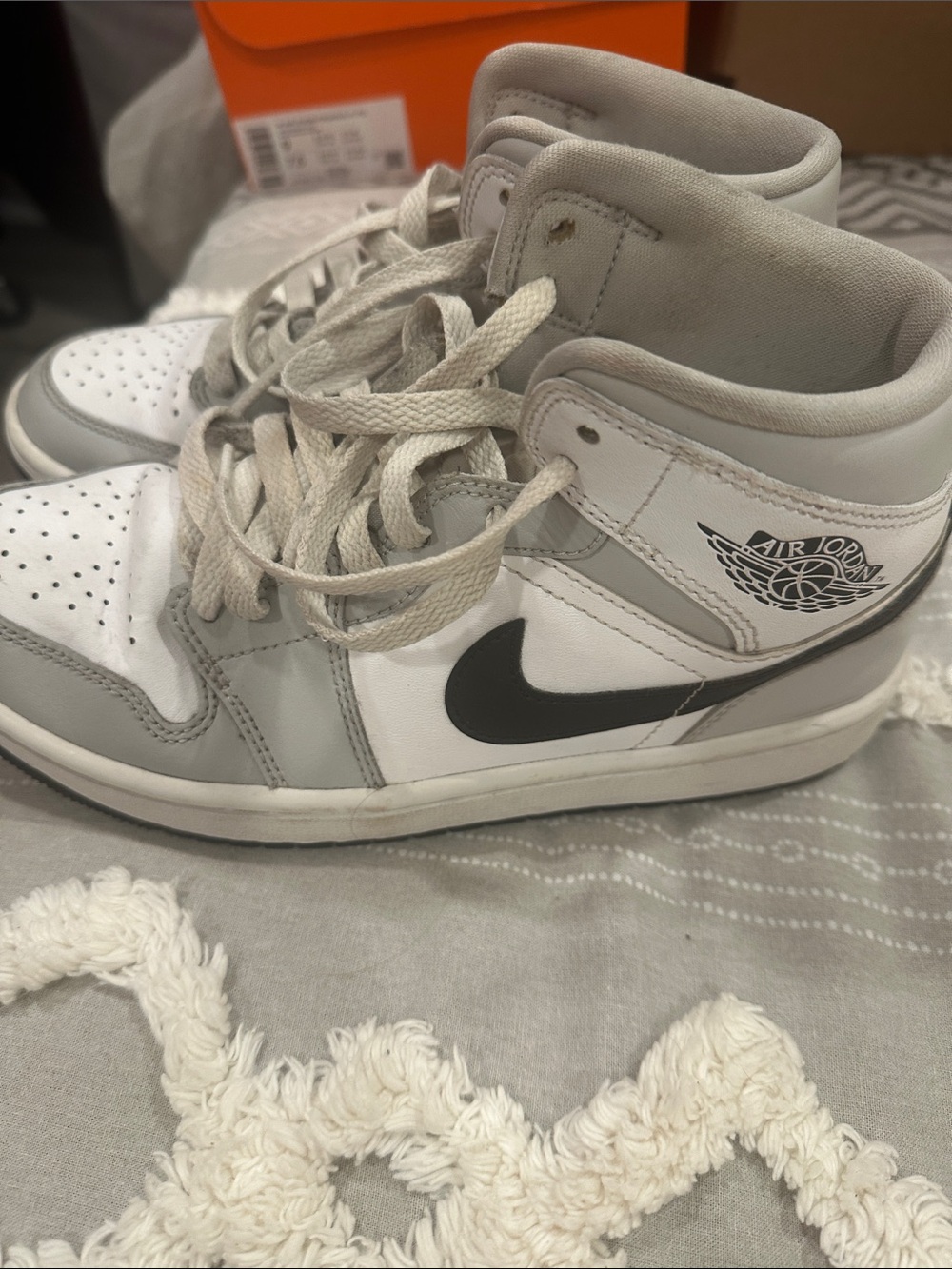 Nike Air Jordan 1 Mid White and Light Gray with Black Swoosh